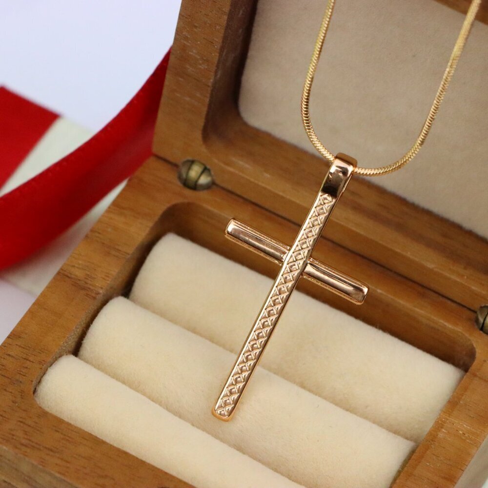 "Elegant Long Cross Rose Gold Pendant with Diamond Pattern Design, XPPT1601 - Picture 10 of 13